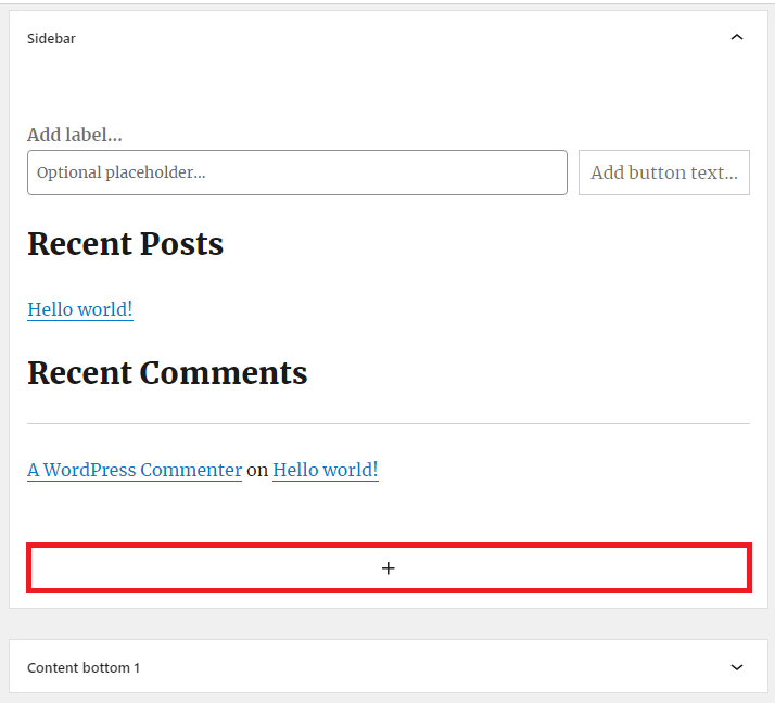 WordPress sidebar layout featuring fields for a label, recent posts, recent comments, and a highlighted add button at the bottom.