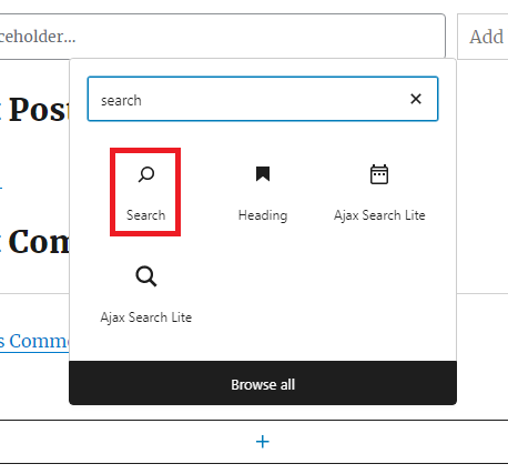 A search interface featuring a magnifying glass icon labeled "Search" in a red box, with options for "Heading" and "Ajax Search Lite."