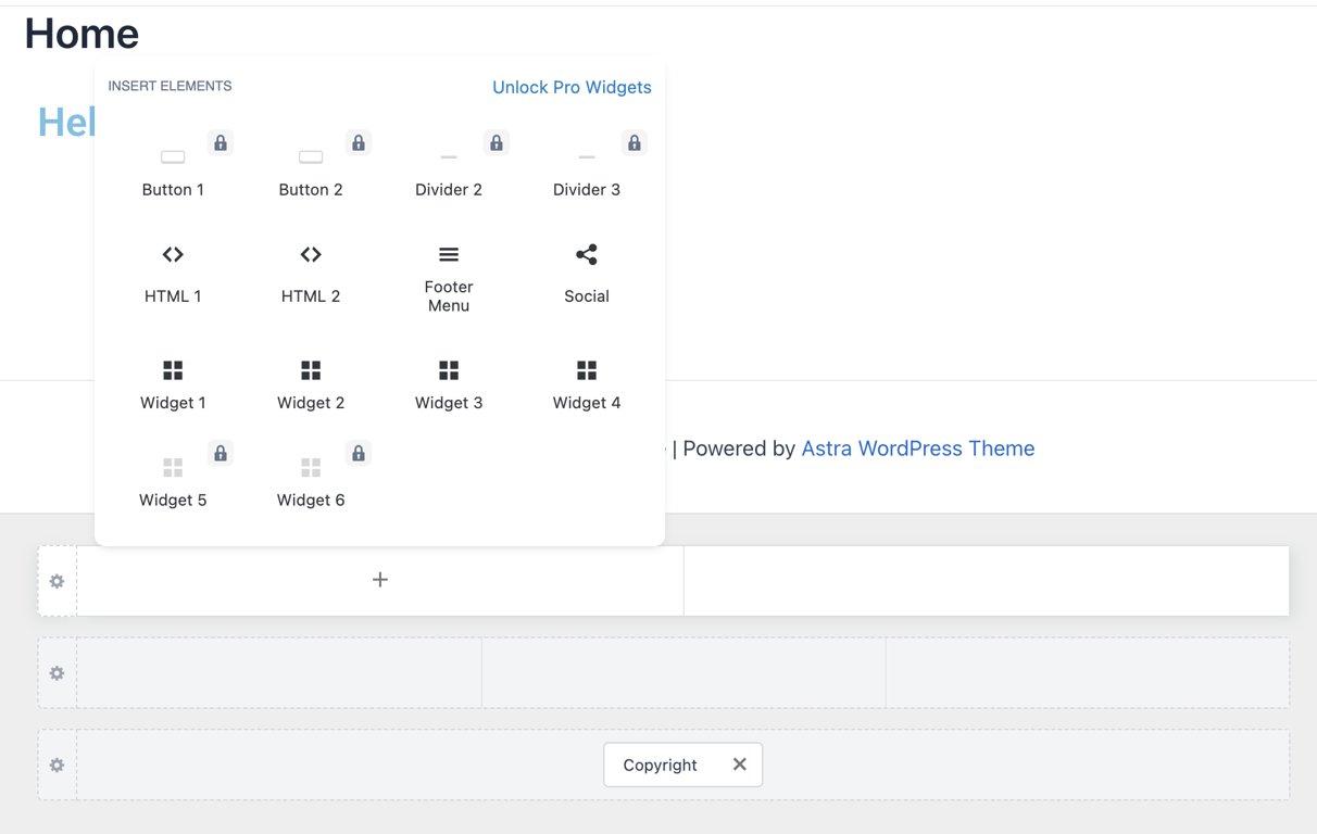 WordPress Customizer with the Astra theme, displaying options to add additional widgets and buttons to the footer area