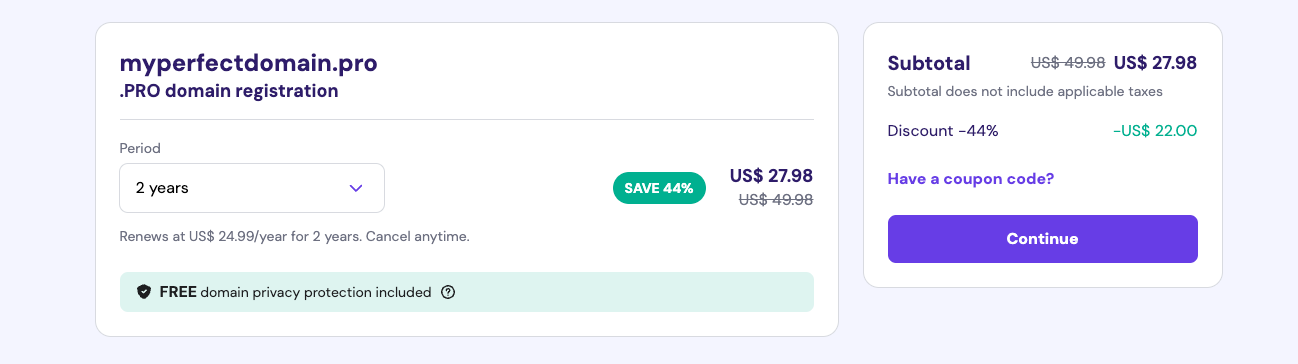 Modal for selecting the domain name registration period before proceeding to checkout