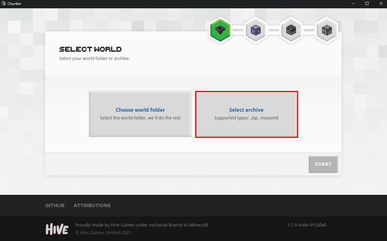 Chunker's visual interface with the Select archive option highlighted.