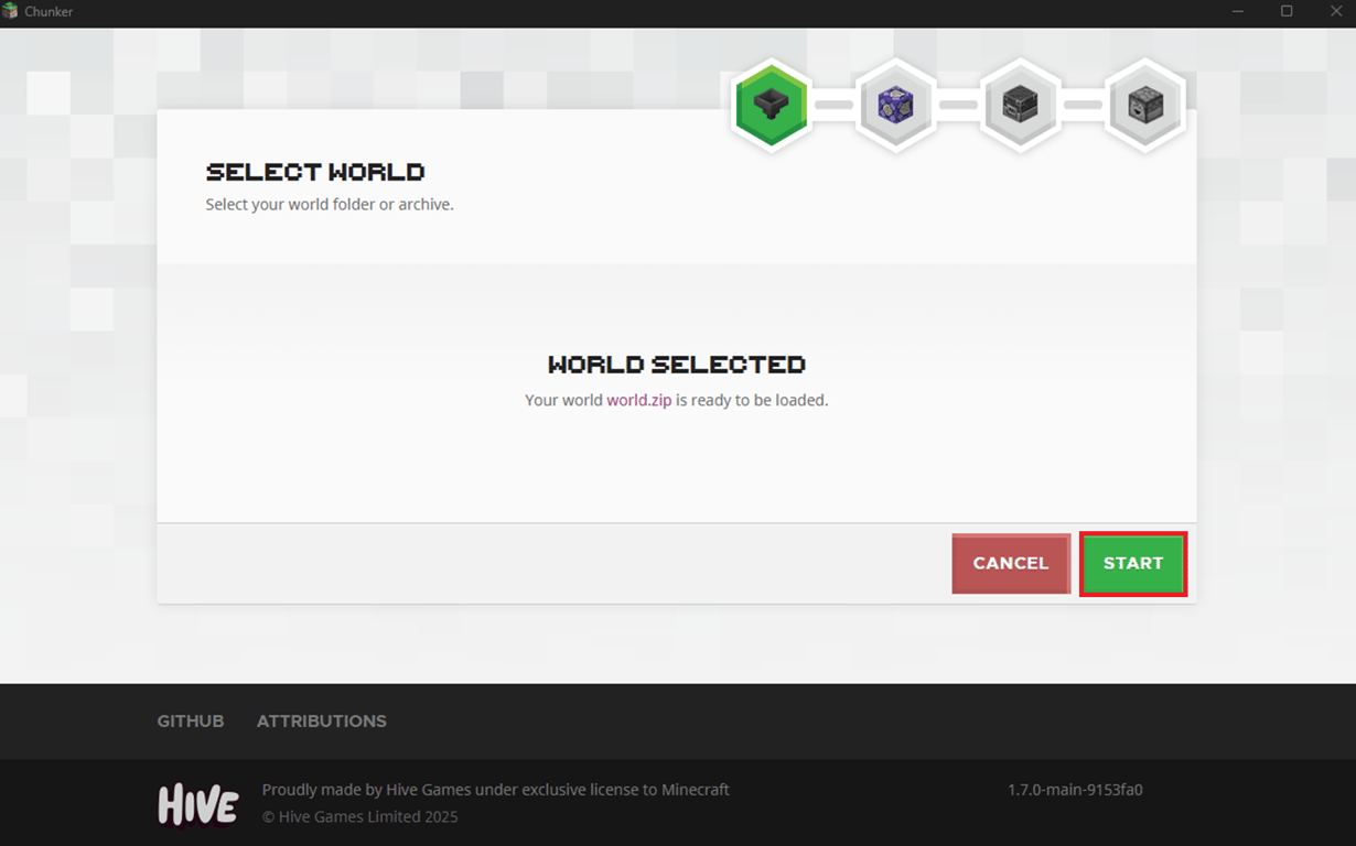 Chunker's updated interface upon zipped world data selection with the Start button highlighted.