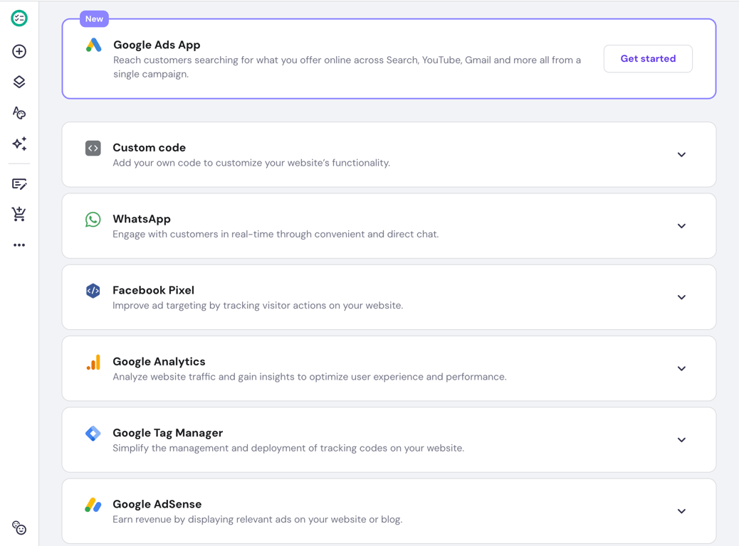 A partial list of available integrations in Hostinger Website Builder
