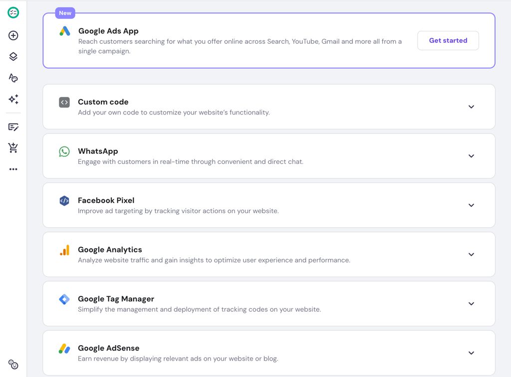 A partial list of available integrations in Hostinger Website Builder