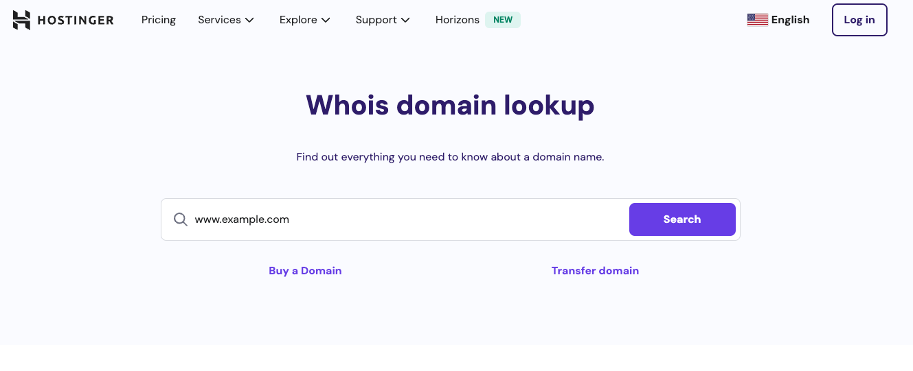 Hostinger WHOIS domain lookup landing page with search bar