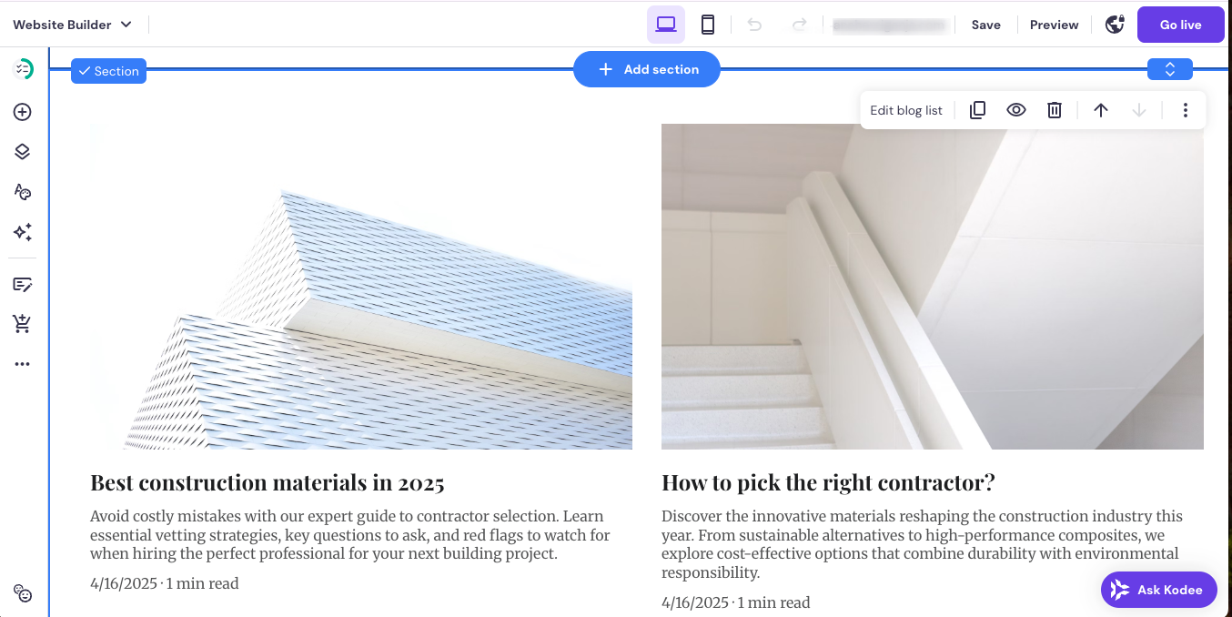 Blog page editing view in Hostinger Website Builder dashboard