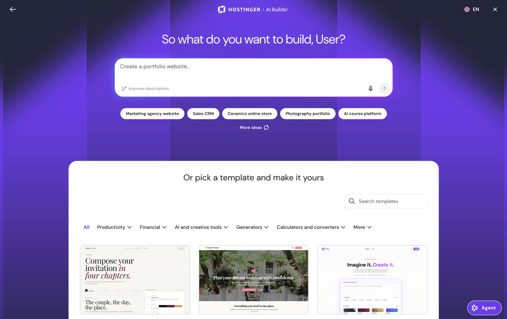 Hostinger AI Builder prompting page