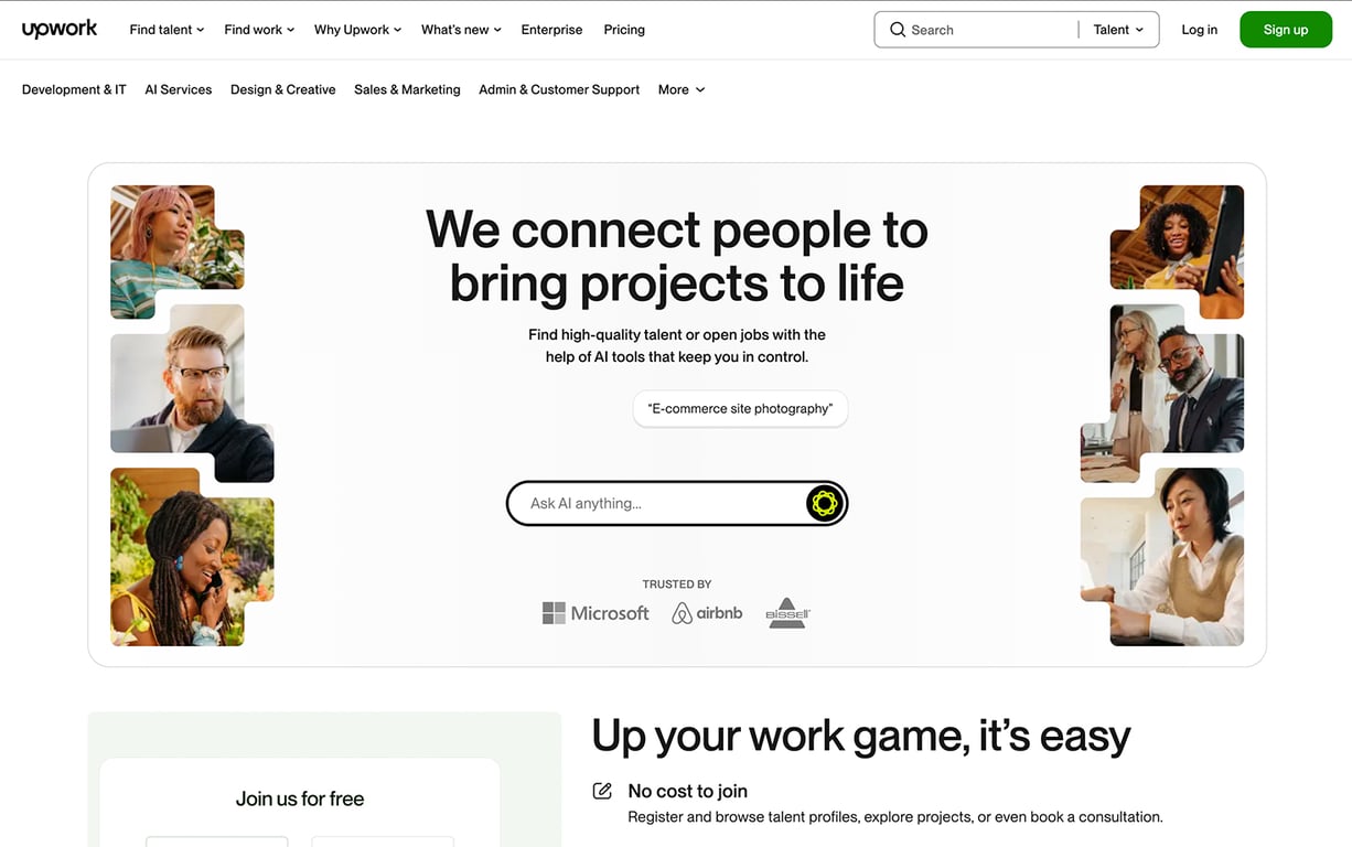 Upwork homepage for connecting freelancers and businesses with a variety of work opportunities
