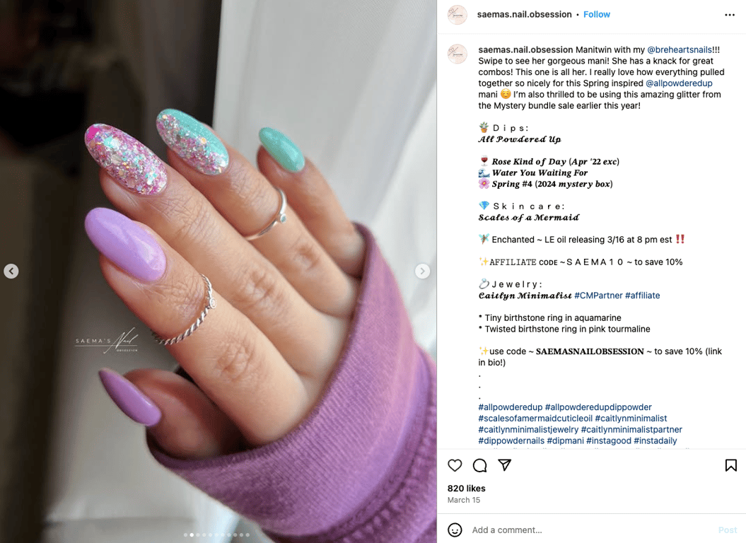 Saema Nail Obsession's Instagram post containing an affiliate code