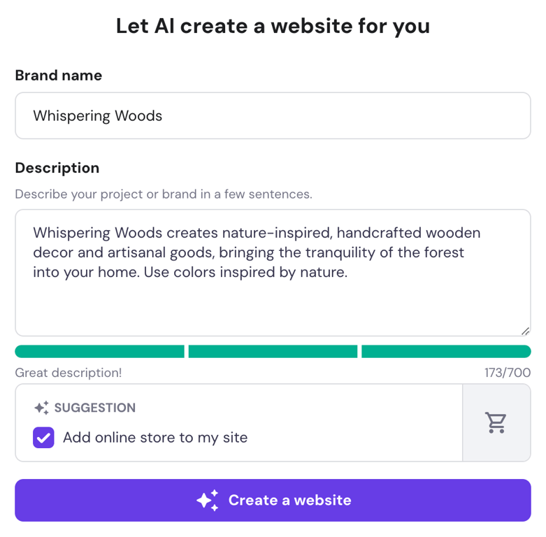 Initial prompt panel within Hostinger Website Builder