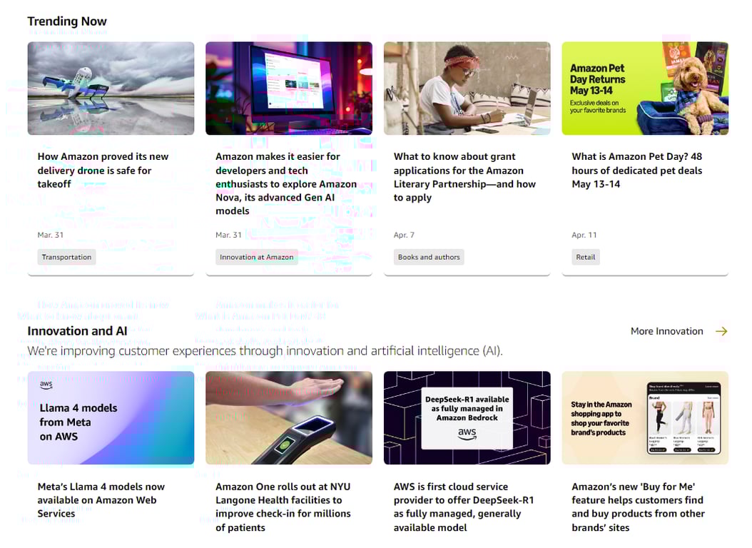 A grid of trending articles on Amazon, covering topics from delivery drones to AI innovations and upcoming events.