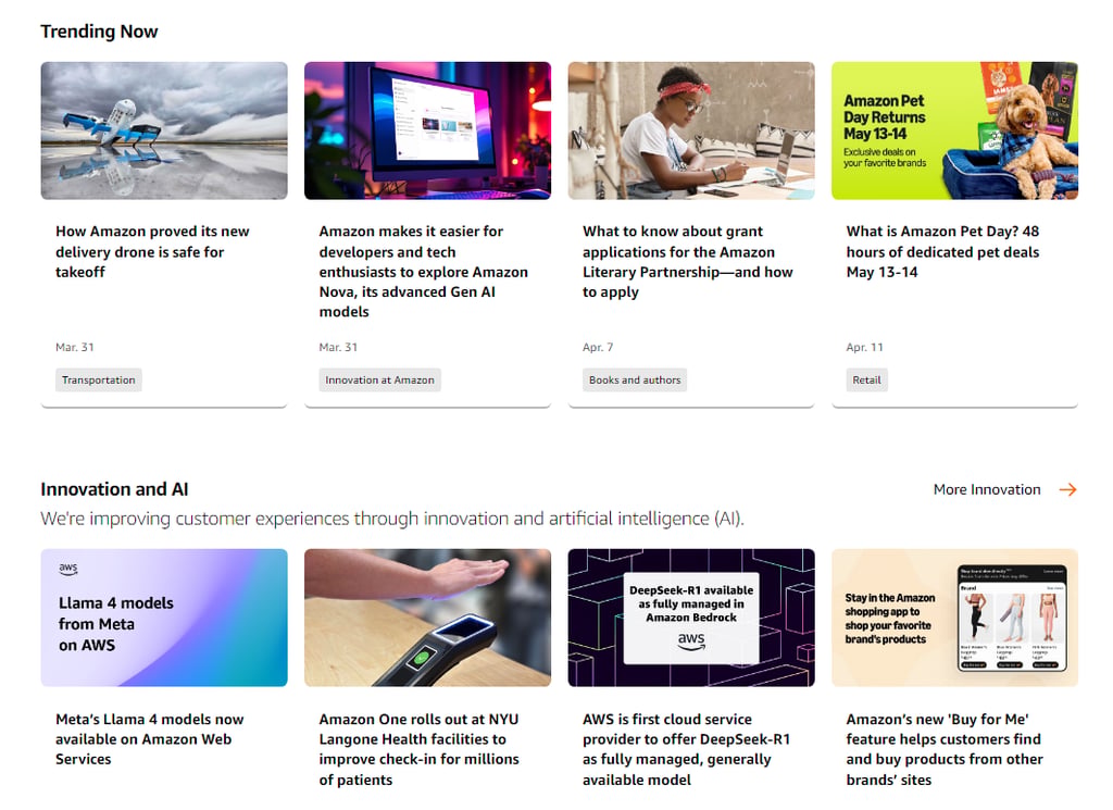 A grid of trending articles on Amazon, covering topics from delivery drones to AI innovations and upcoming events.