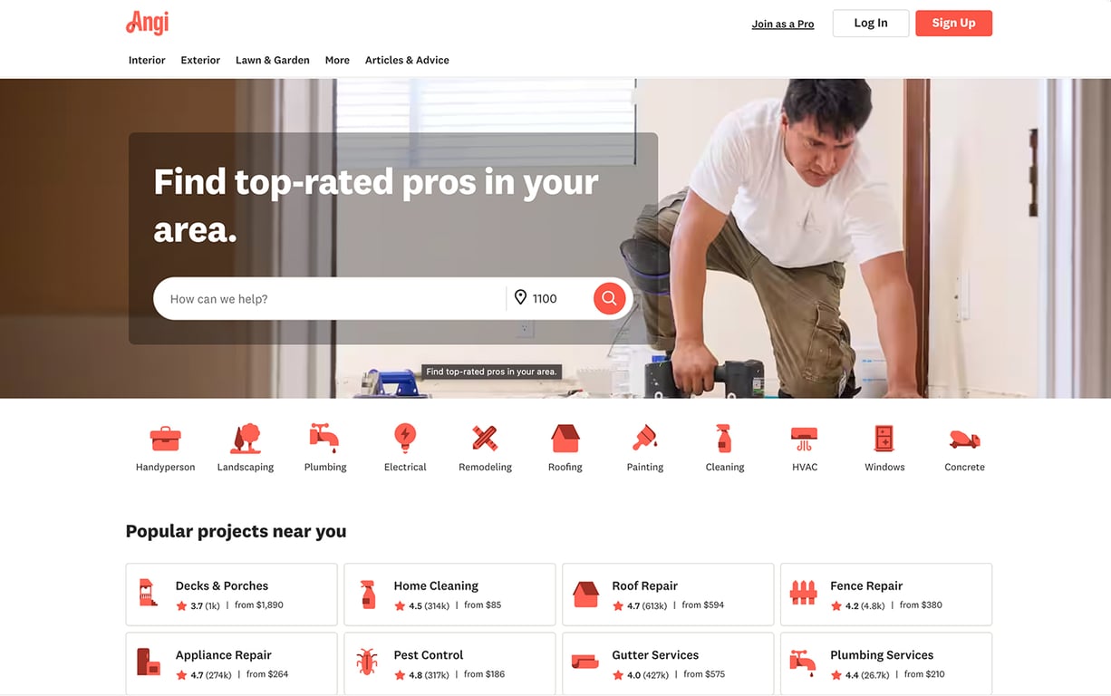 Angi homepage showing various home project categories like cleaning, plumbing, and repairs