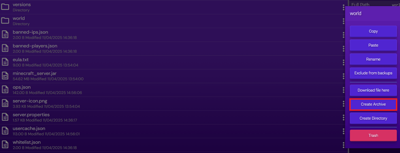 Image of the Minecraft Instance's built-in File Manager interface with the world folder selected and "Create Archive" option highlighted.
