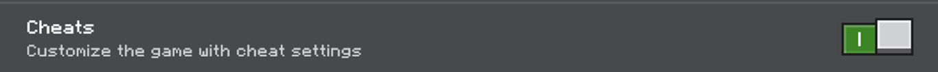 Image displaying the Cheats option in Minecraft Bedrock and how it looks like when enabled.