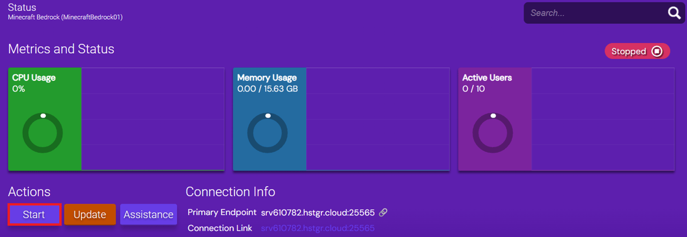 Visual of a stopped Bedrock instance's Status interface with the Start button highlighted.