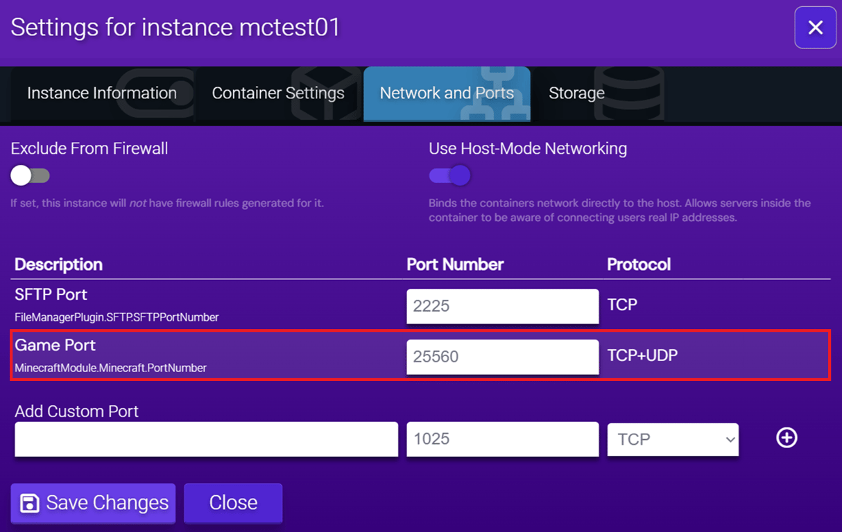 Visual of the Minecraft Java instance network configuration interface with the adjusted Game Port value highlighted.