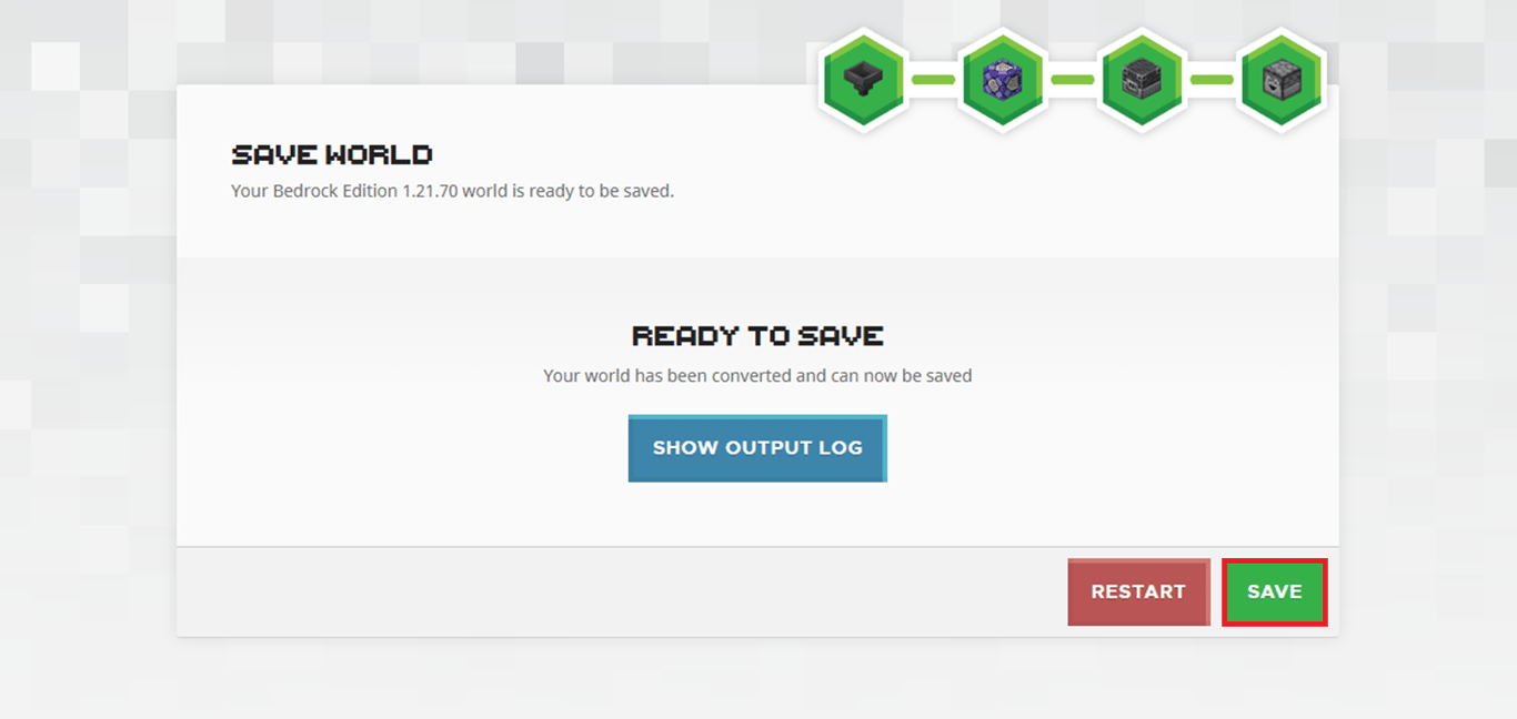 Image of Chunker after completing the world conversion process, with the Save button highlighted.