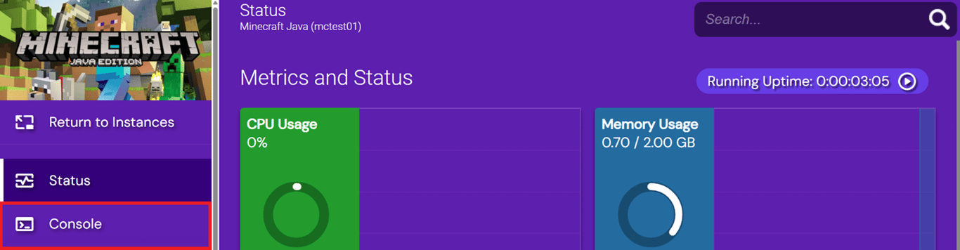 Minecraft instance view in Game Panel with Console option being highlighted.