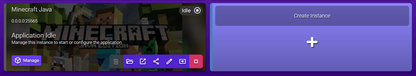 Hostinger Game Panel's instance overview with the Create Instance option present beside the stopped Minecraft Java instance.