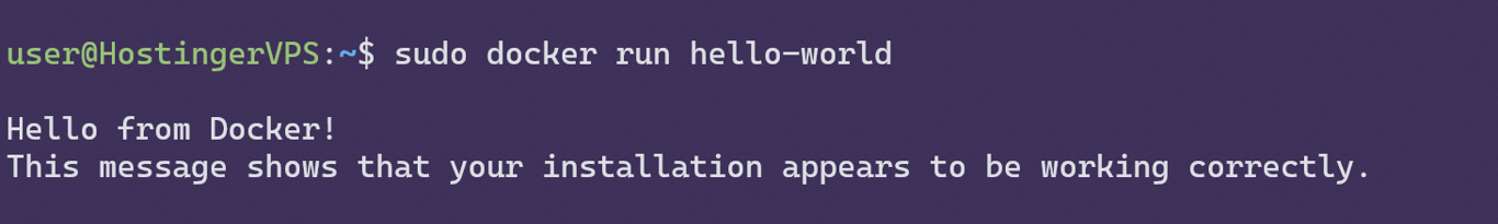 Testing Docker by running the hello-world image.