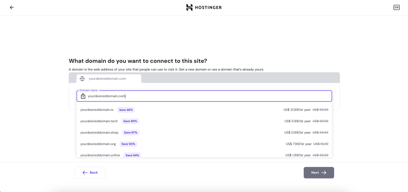 The domain name selection page on hPanel