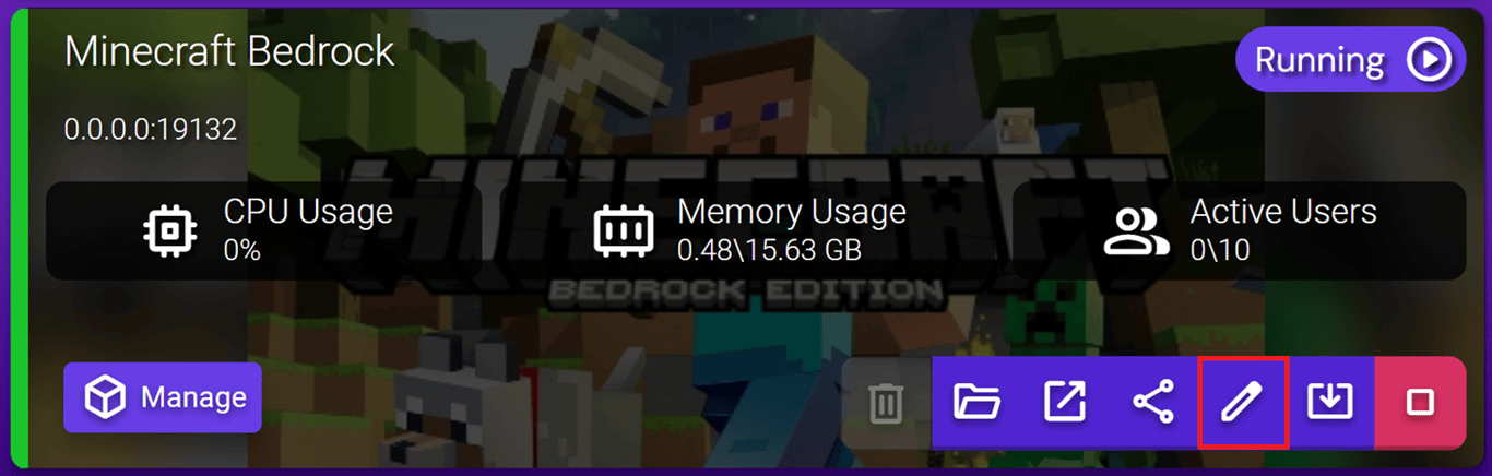 Minecraft Bedrock instance with the Edit button, noted down as a pencil icon, highlighted.