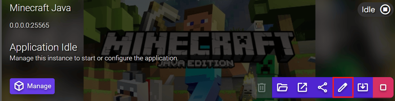 Minecraft Java instance with the Edit button, noted down as a pencil icon, highlighted.