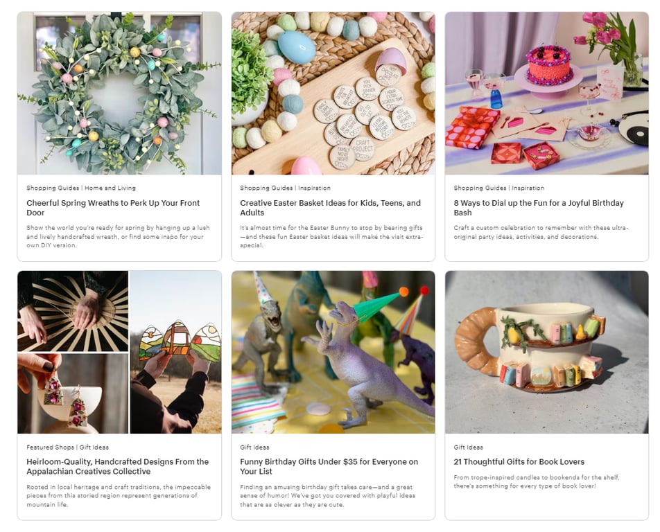 A collage of gift guides featuring spring wreaths, Easter basket ideas, birthday party tips, handcrafted gifts, and book lover gifts.