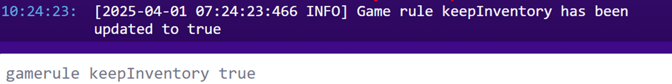 View of the Hostinger Game Panel Minecraft Console for Minecraft Bedrock, with a command example and successful command confirmation present.