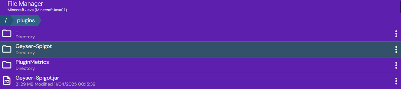 Visual of the plugins directory with the freshly generated Geyser-Spigot directory which stores GeyserMC configuration files.