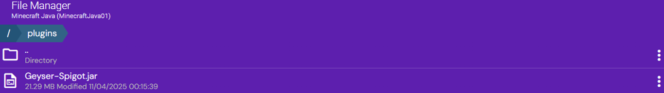 The plugins directory with an uploaded Geyser-Spigot.jar file for the GeyserMC plugin.