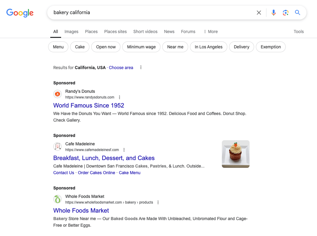 Google's SERP showing sponsored listings