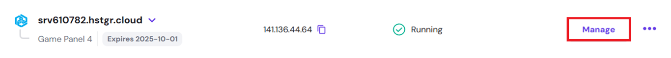 Image of the Game Panel VPS in Hostinger's hPanel with the Manage option highlighted.