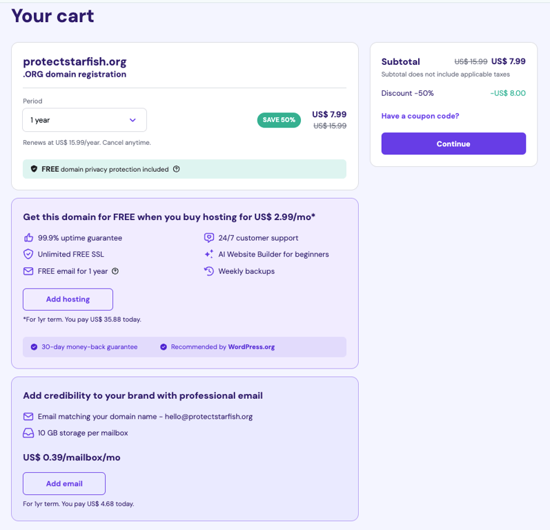 Hostinger's checkout page, showing additional services to include with a domain purchase