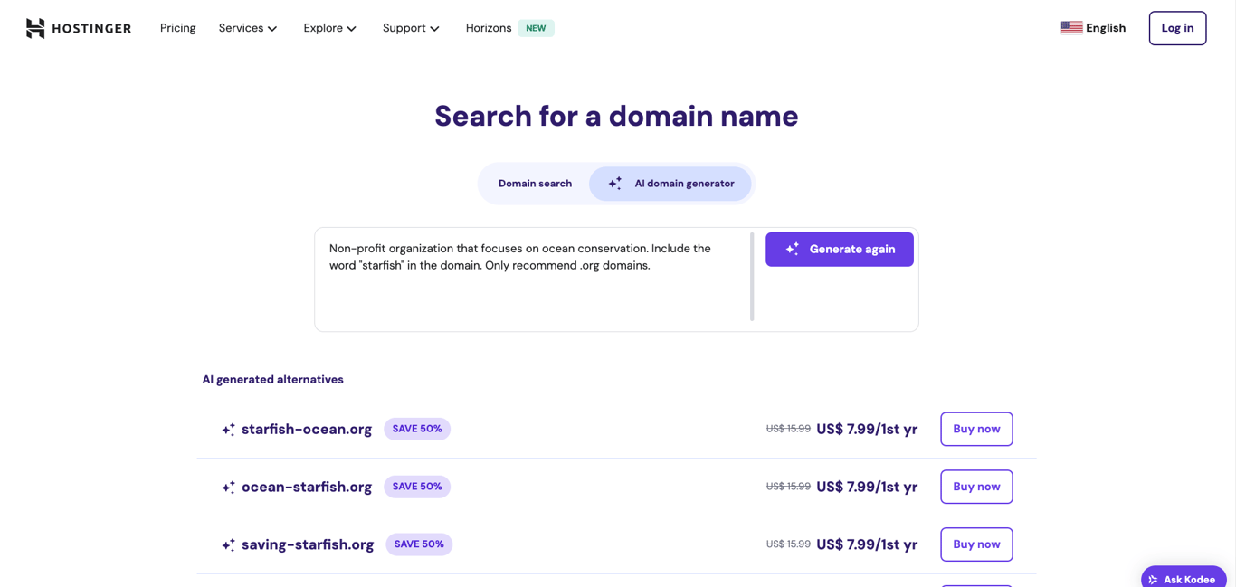 Hostinger's AI-powered domain search tool, showing available domains based on the prompt