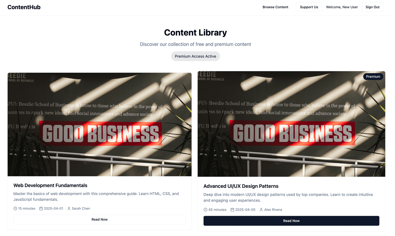 The Content Library page of the Hostinger Horizons-built web app