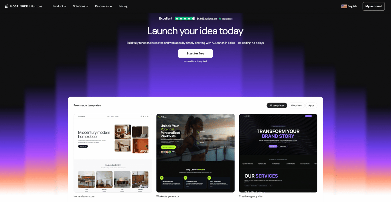 Hostinger Horizons' homepage