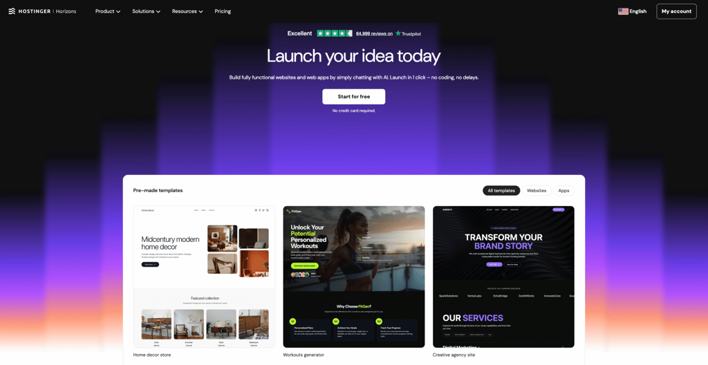 Hostinger Horizons' homepage