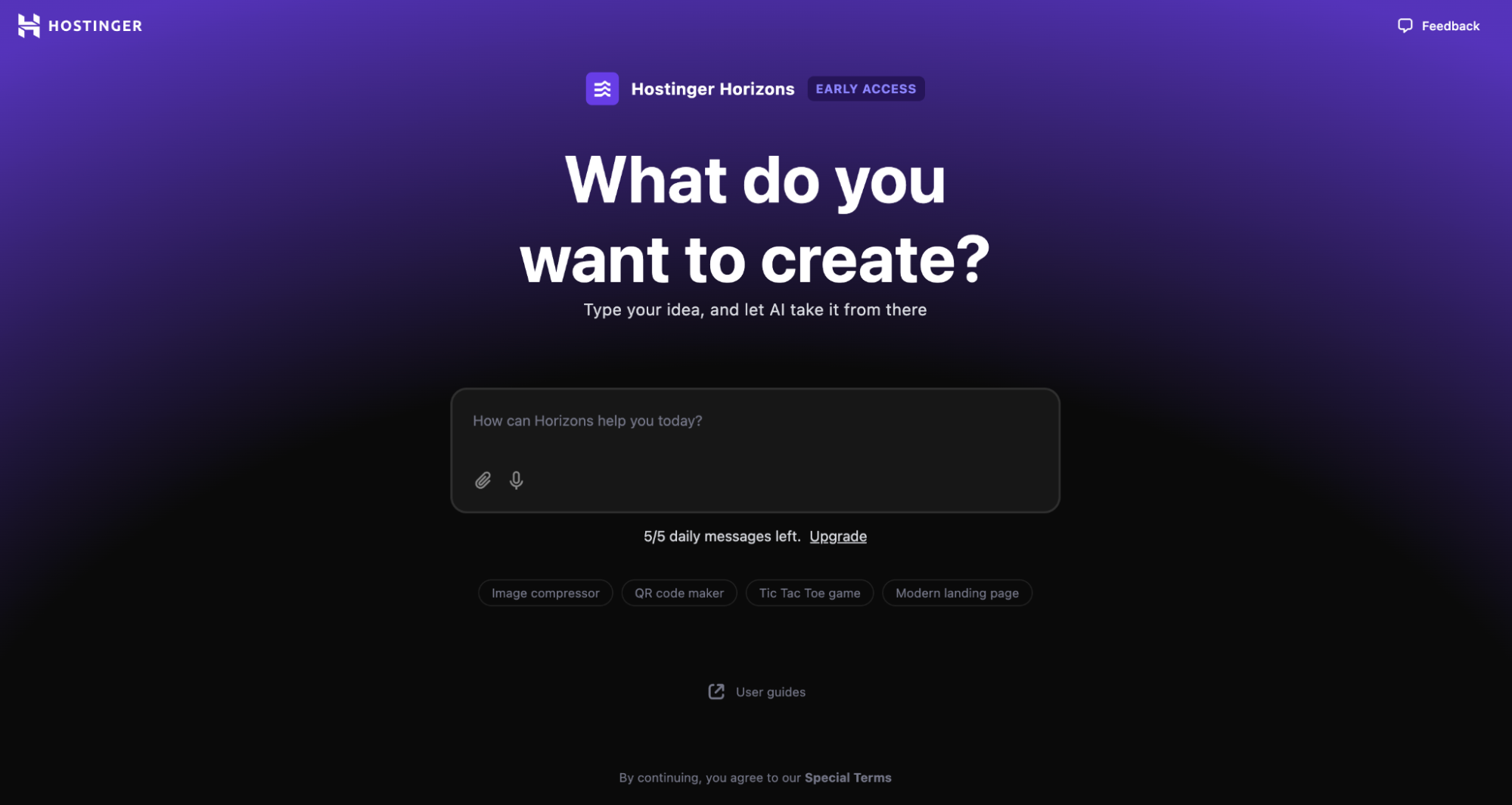 Hostinger Horizons landing page