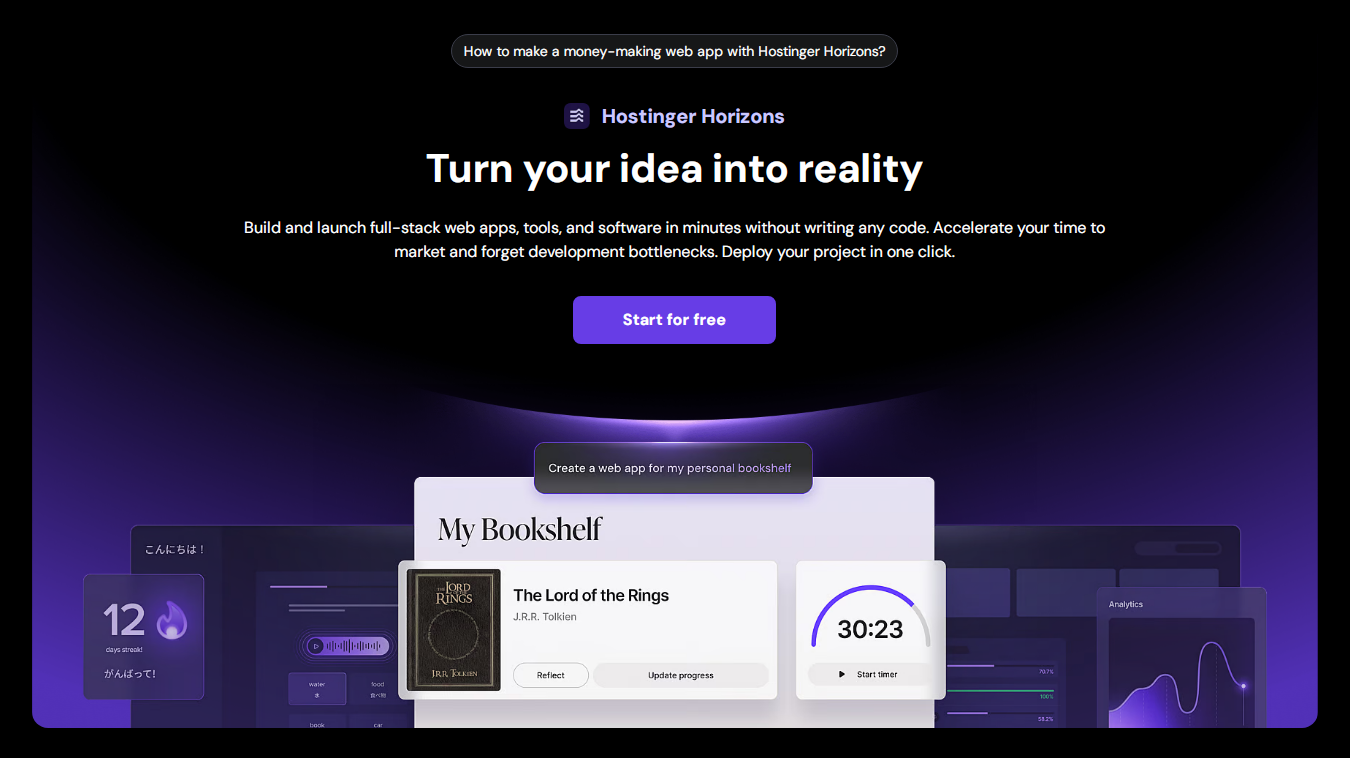 Hostinger Horizons web app platform, showcasing a personal bookshelf app with a book listed and timer feature.