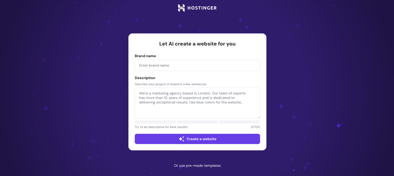 Hostinger Website Builder website setup with AI