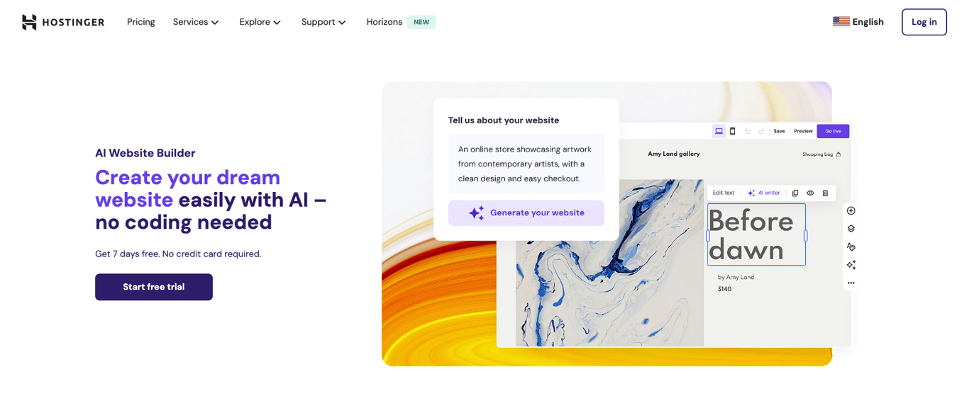 Hostinger Website Builder homepage with a button to claim free trial