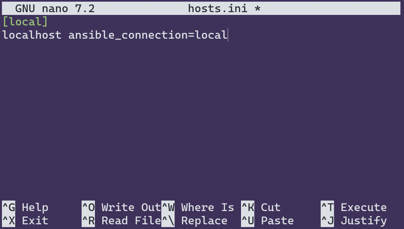 Hosts file containing localhost connection details opened in nano text editor.