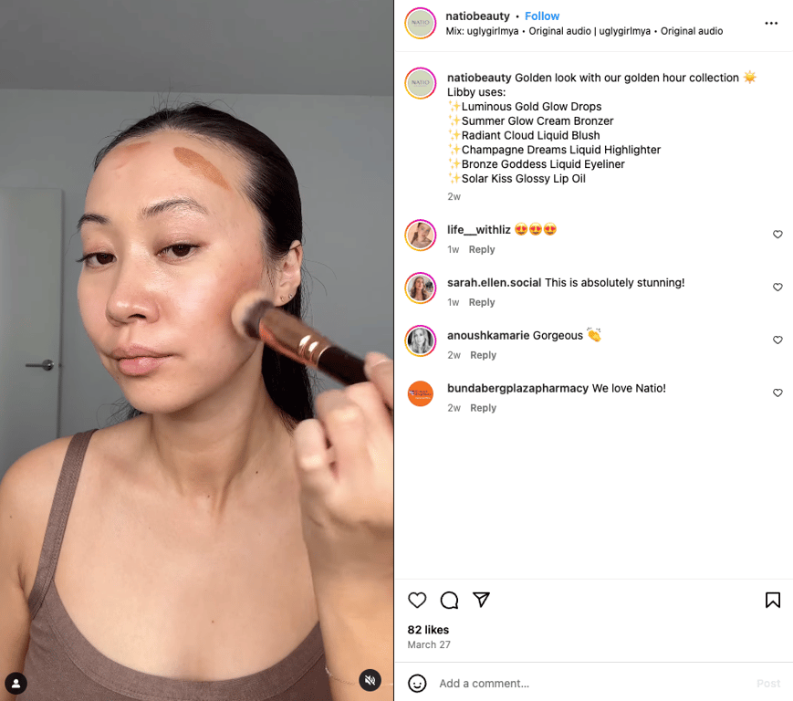 An Instagram post by a makeup brand, showing a tutorial on how to create a look with its products