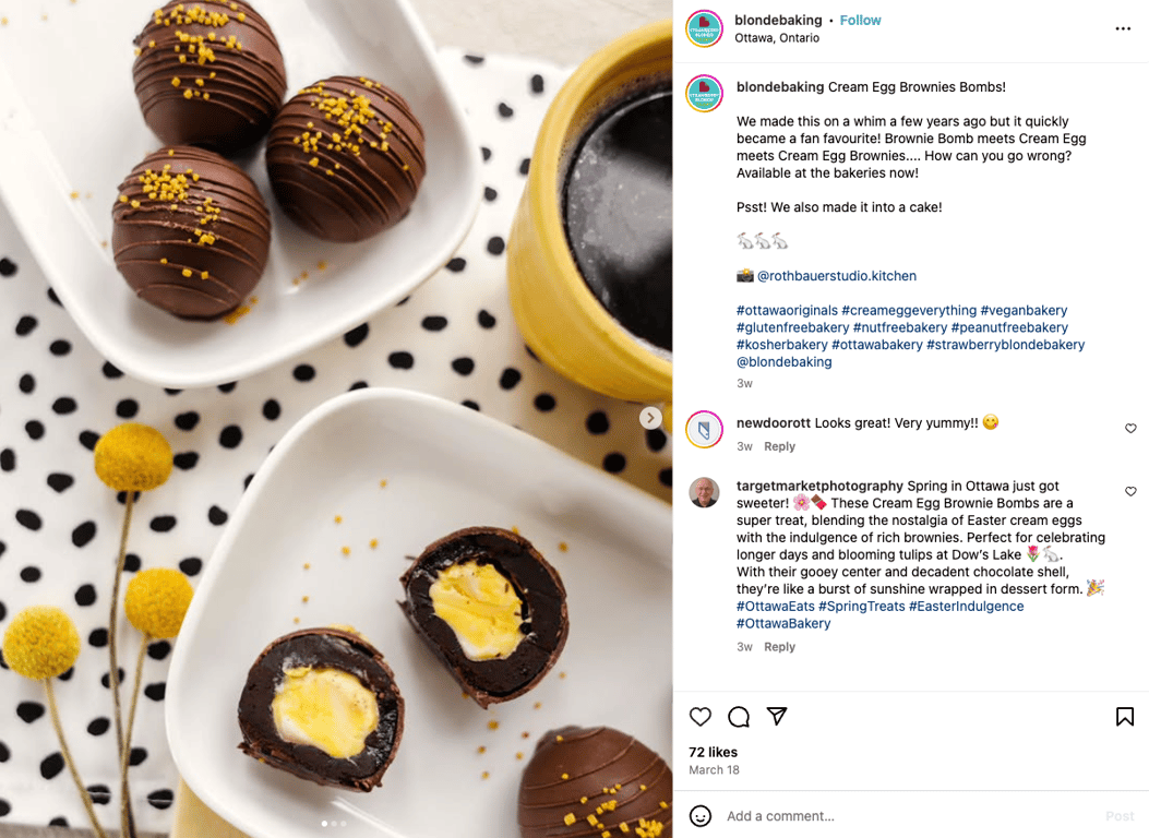 An Instagram post promoting a bakery using a professional photo