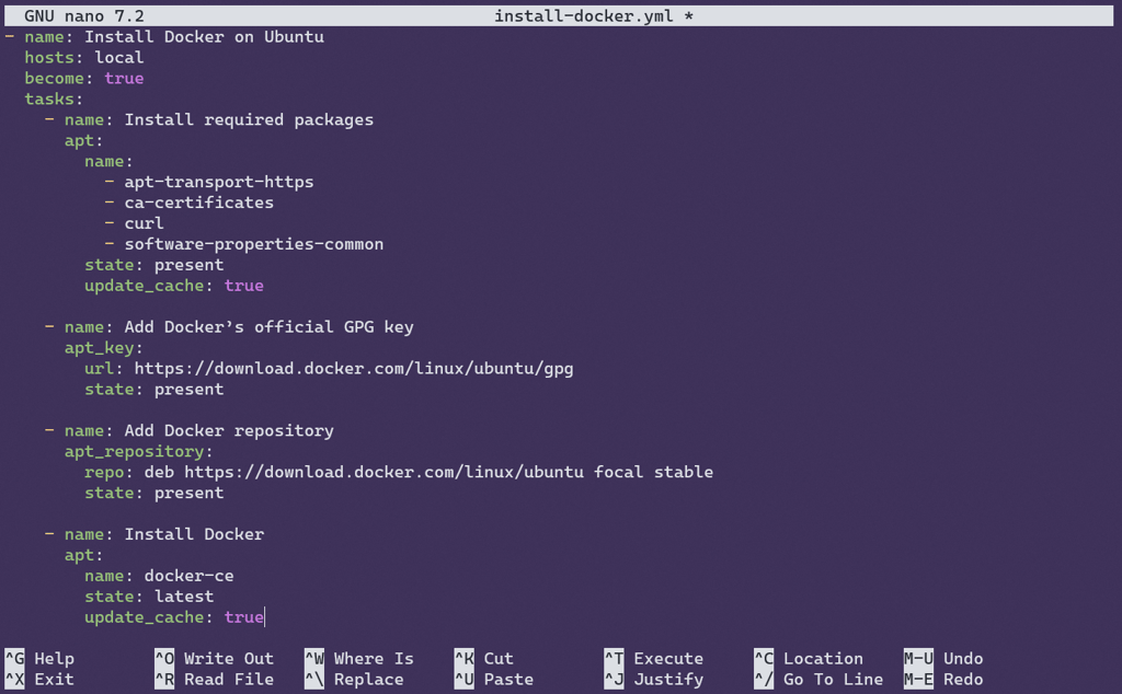 Final version of the Ansible playbook opened in nano text editor.