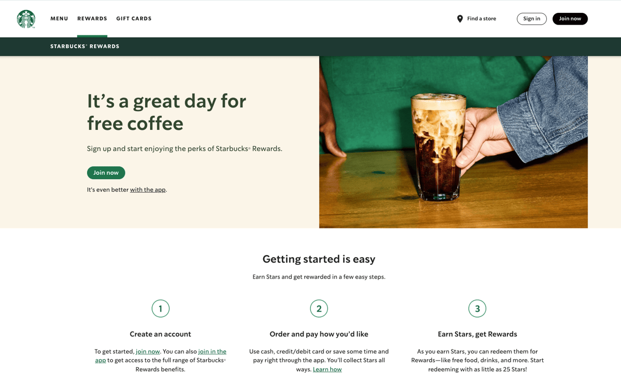 Starbucks Rewards web page as an example of a tiered loyalty program