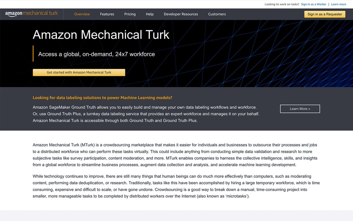 Amazon Mechanical Turk homepage offering crowdsourcing solutions for businesses and individuals