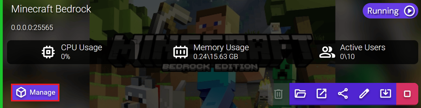 View of the Minecraft Bedrock instance in Game Panel's instance view with the Manage button highlighted.